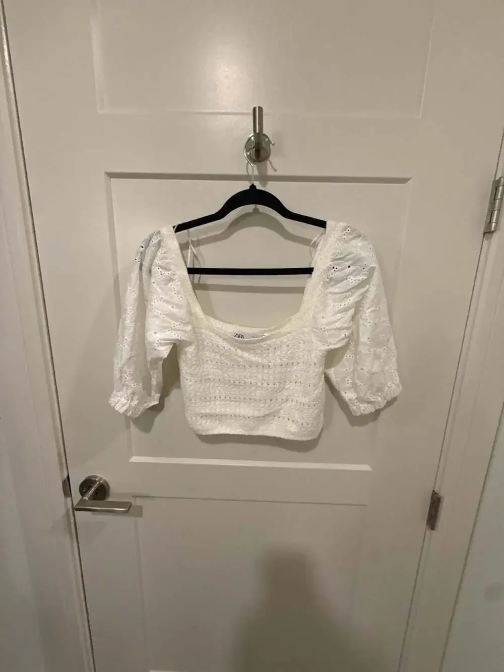 Zara Contrast Knit Eyelet Puff Sleeve Square Neck Crop Top White Small